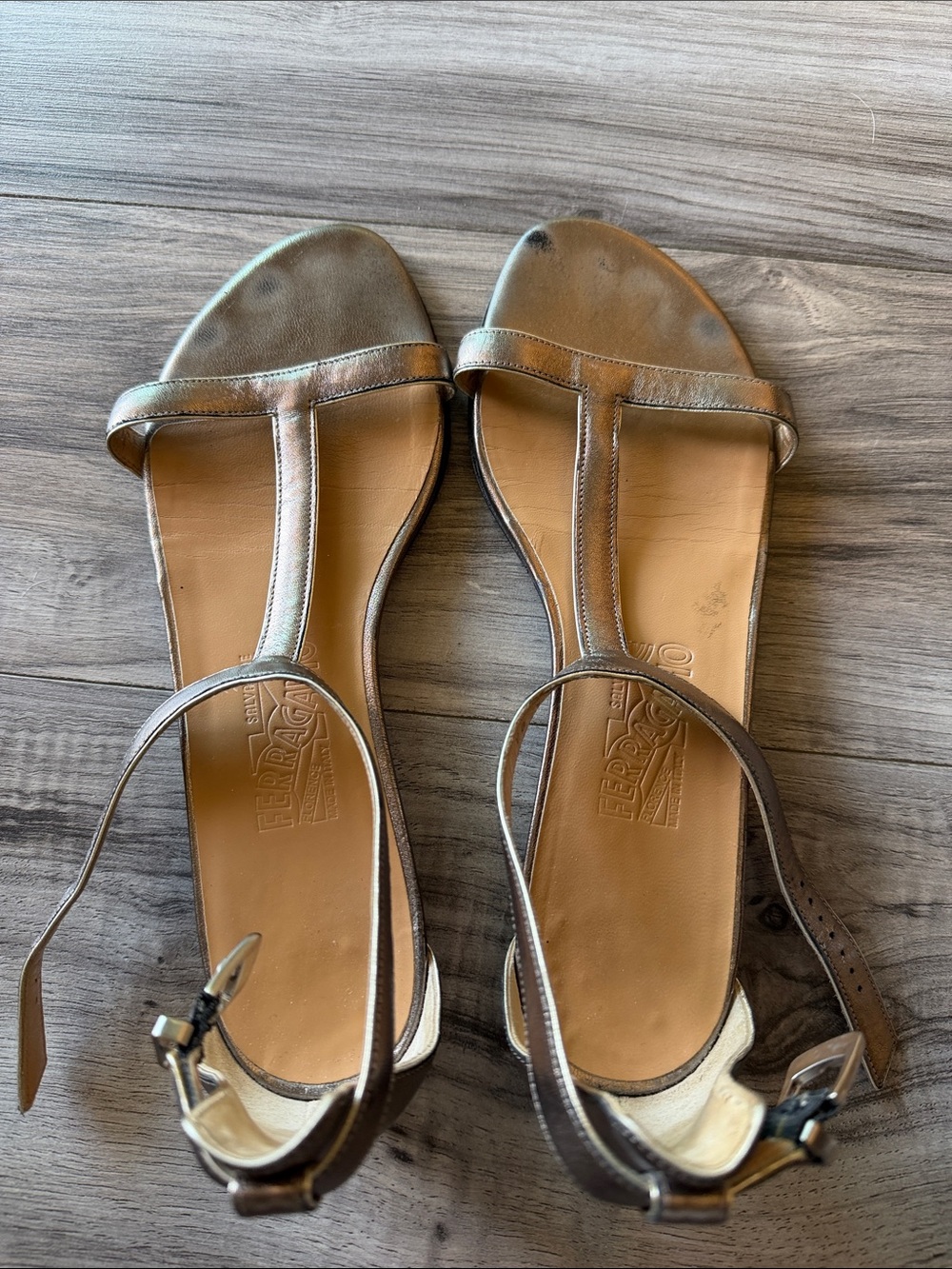Salvatore Ferragamo Metallic Bronze T-Strap Leather Sandals